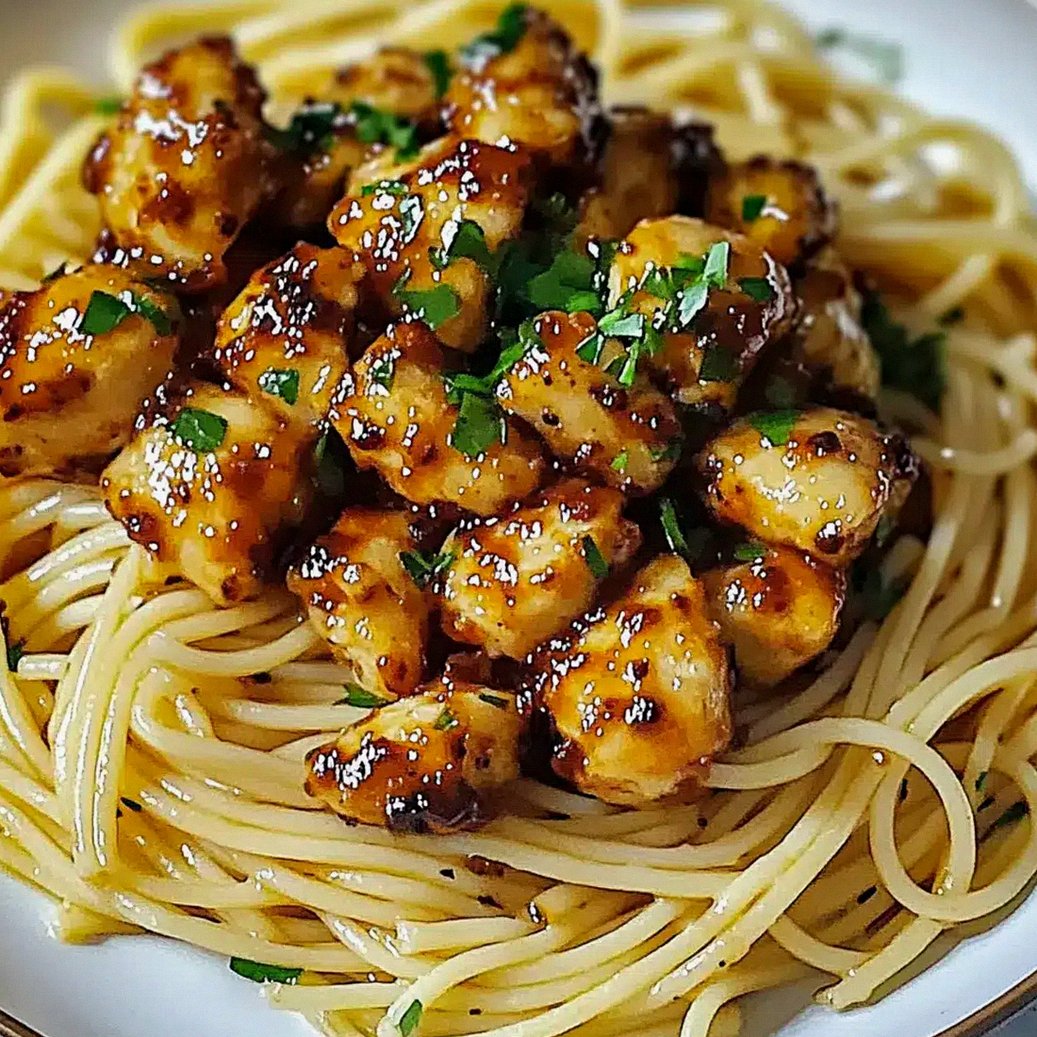 Pyszny kurczak w miodowo-czosnkowej glazurze z kremowym spaghetti